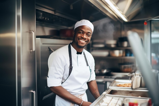 Chef afroamericano preparando comida para llevar en la cocina de un camión de comida
