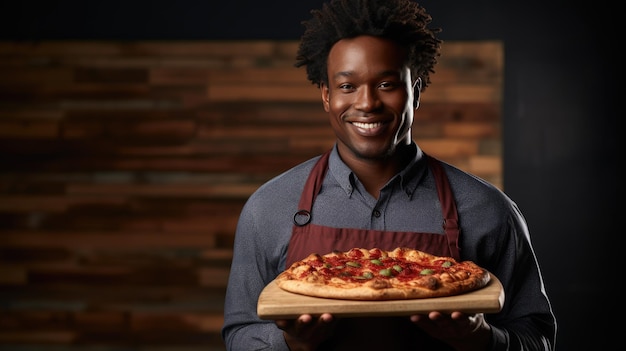 Un chef afroamericano sostiene una pizza terminada del horno