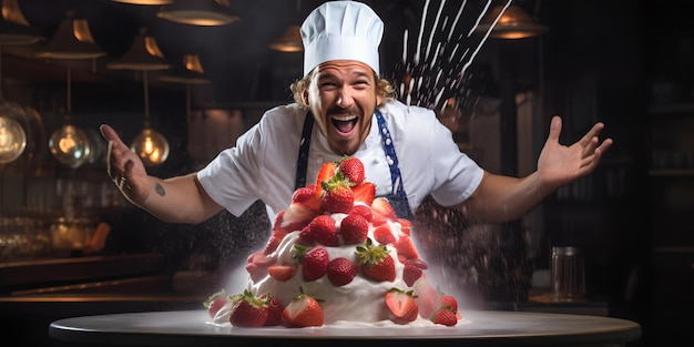 Chef alegre apresentando um delicioso bolo de morango em uma cozinha profissional celebrando as artes culinárias com entusiasmo e talento AI