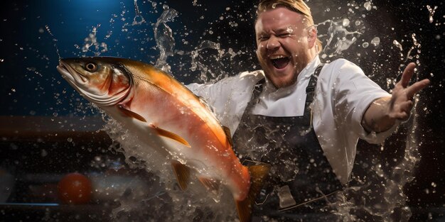 El chef alegre atrapa un pez volador en una escena de acción dinámica de la cocina emoción culinaria ingredientes frescos IA