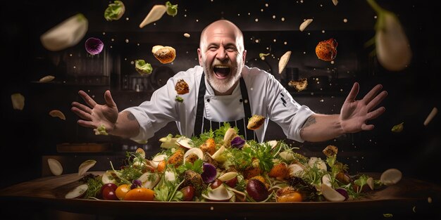 Chef alegre creando una explosión de ensalada escena dinámica de la cocina arte culinario en acción ingredientes frescos perfectos para anuncios de comida IA