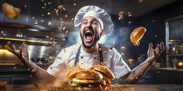 Un chef alegre preparando una hamburguesa en una escena de cocina dinámica, las artes culinarias se encuentran con la diversión, perfecta para anuncios de comida AI