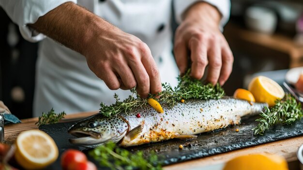 Un chef alemán preparando un plato tradicional de pescado alemán, como la trucha horneada con hierbas frescas