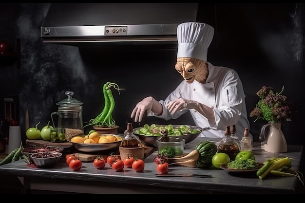 Chef alienígena que prepara platos únicos y deliciosos para sus invitados creados con ai generativa