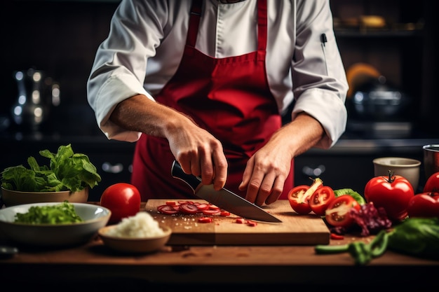 Un chef de alto nivel en acción cortando verduras Creado con tecnología de IA generativa