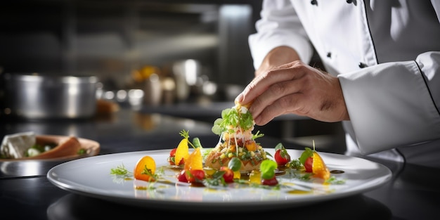 Un chef de alto nivel que usa pinzas para colocar guarniciones delicadas en un plato bellamente compuesto