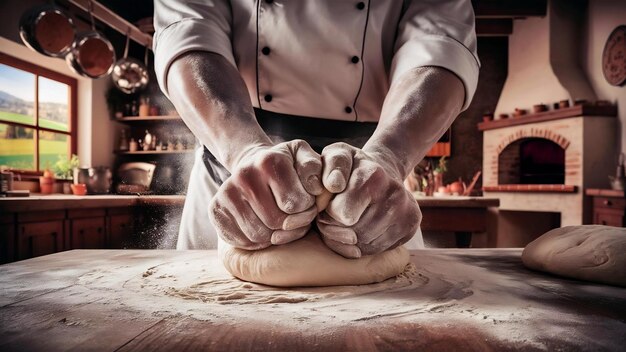 Foto el chef amasa la masa en la mesa