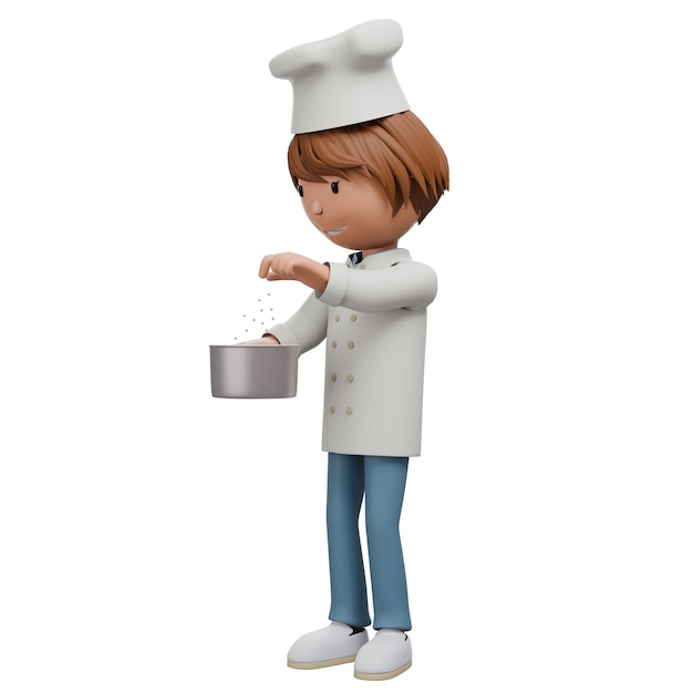 chef añadiendo condimentos a una sartén Él está sosteniendo una olla en una mano mientras salpica sal