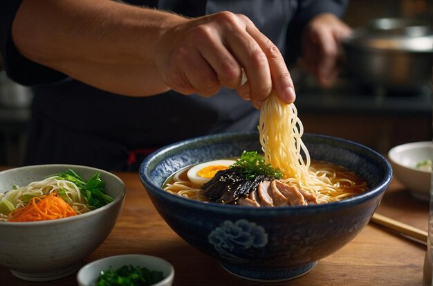 Foto un chef añadiendo un poco de mirin a un plato de ramen