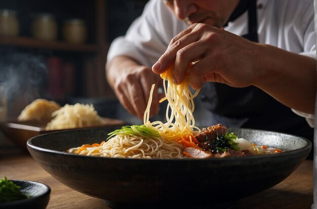 Un chef añadiendo un poco de mirin a un plato de ramen