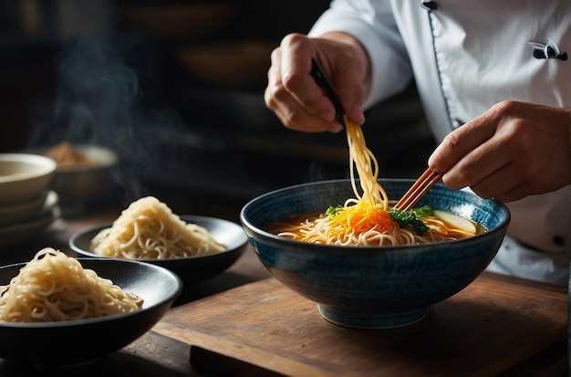 Foto un chef añadiendo un poco de mirin a un plato de ramen