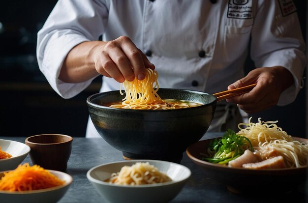 Foto un chef añadiendo un poco de mirin a un plato de ramen