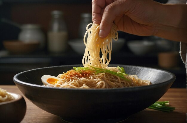 Foto un chef añadiendo un poco de mirin a un plato de ramen