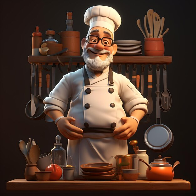 Chef animado em 3D em sua cozinha