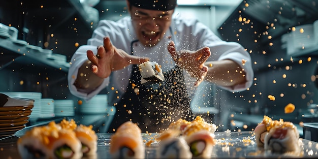 Chef apasionado rociando condimentos sobre un sushi exquisito en una cocina de restaurante moderna, arte culinario y profesionalismo en la cocina AI