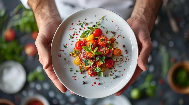 Chef apresenta um prato de salada gourmet vibrante uma mistura de ingredientes frescos apresentação colorida perfeita para entusiastas da comida imagem refeição perfeita ai