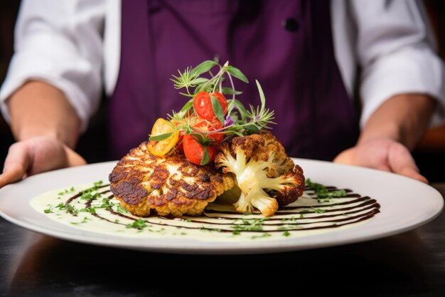 Foto chef apresentando um belo prato de bife de couve-flor