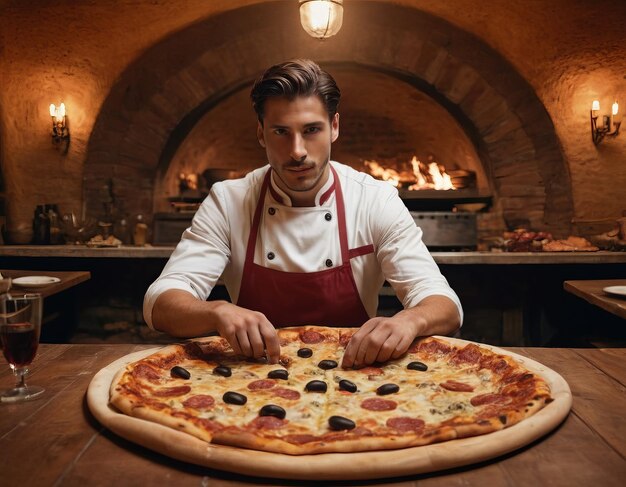 Chef apresentando uma pizza recém-cozida em uma pizzeria aconchegante e bem iluminada com um forno a lenha no fundo