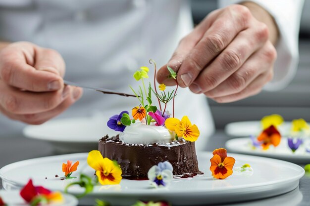 El chef arregla cuidadosamente las flores comestibles y el micrófono generativo ai