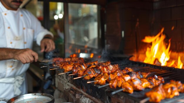 Un chef asando pinzones de pollo tandoori en un horno de arcilla tradicional