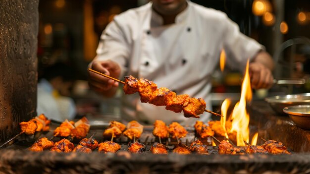 Un chef asando pinzones de pollo tandoori en un horno de arcilla tradicional