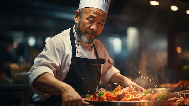 Foto chef asiático cocinando en un restaurante