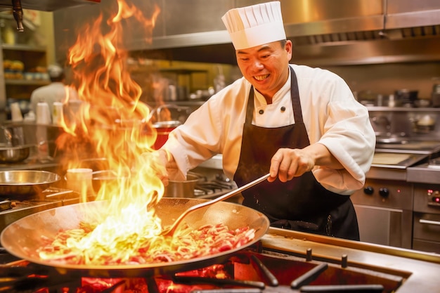 Un chef asiático concentrado prepara un plato delicioso sobre llamas altas en la cocina de un restaurante mostrando la intensidad y la dedicación de su oficio culinario