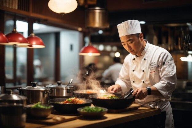 Chef asiático cozinhando comida japonesa na cozinha de um restaurante