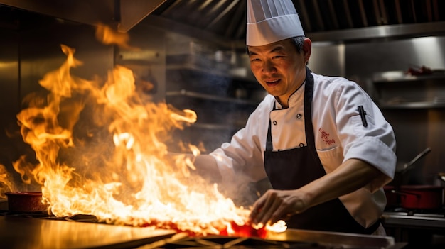 Chef asiático cozinhando no restaurante