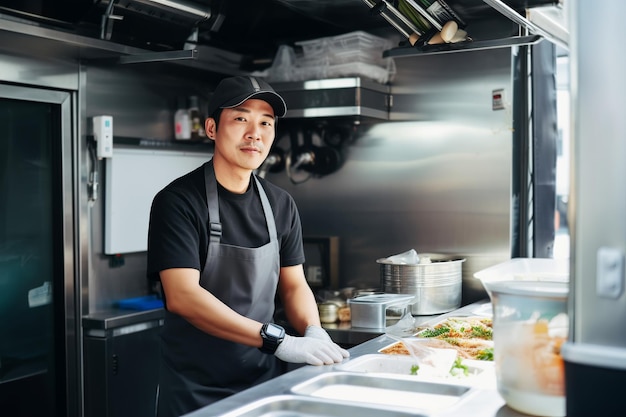 Chef asiático preparando comida para viagem na cozinha do food truck