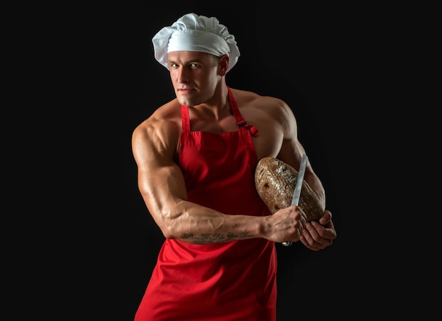 Chef Bäcker Mann. Sexy Kerl mit Brot und Messer. Kochen und Backen.