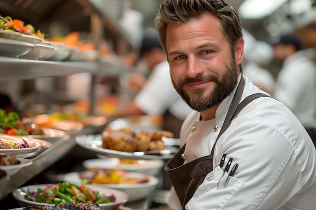 Chef con barba y delantal de pie junto a los platos de comida