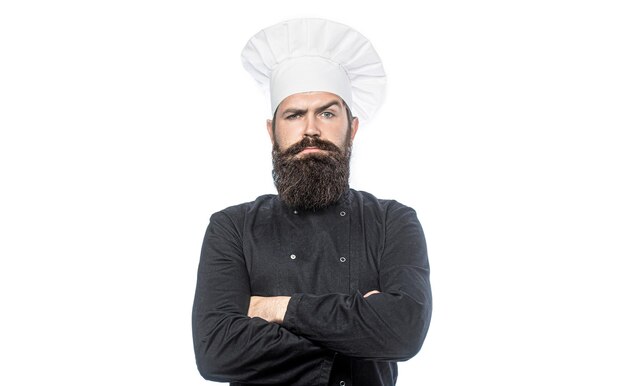 Chef barbudo cozinheiros ou padeiro Chefs masculinos barbudos isolados no chapéu de cozinheiro branco Chef masculino barbudo confiante em uniforme preto Cozinheiro sério em uniforme branco chapéu de chef Retrato de um cozinheiro chef sério