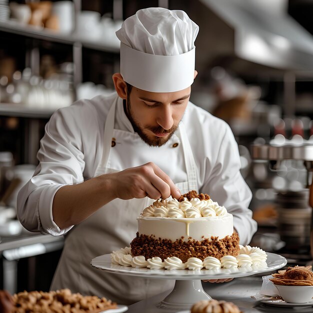 Chef con bata blanca preparando un pastel en un mostrador blanco