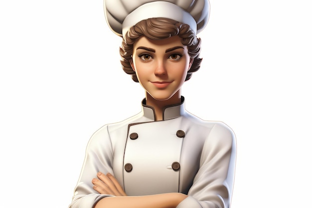 Una chef de cabello marrón y ojos marrones lleva un uniforme de chef blanco y un sombrero tiene una sonrisa amistosa en su cara y está cruzando los brazos delante de ella