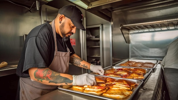 Chef en camión de comida cocinando carne para hamburguesas vista lateral IA generativa