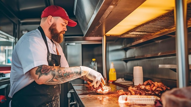 Chef en camión de comida cocinando carne para hamburguesas vista lateral IA generativa