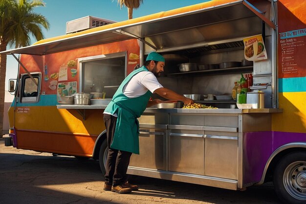 El chef del camión de tacos prepara las órdenes.