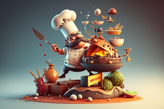 Chef-Cartoon-Figur 3D-Rendering-Stil KI generiert