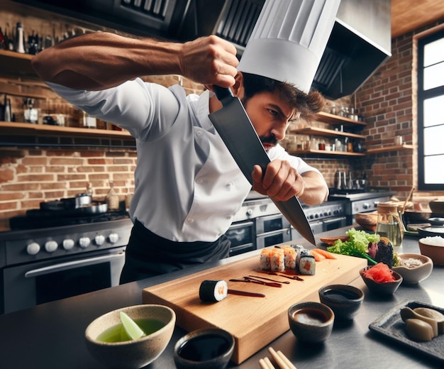 Chef caucasiano engraçado preparar sushi de mosca salpico de molho de soja 3d render ilustração humor na cozinha