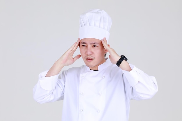 Chef chinês experiente e inteligente em uniforme de cozinha elegante sente-se chateado e se preocupa com a saúde dos fracos na cozinha como especialista qualificado em culinária para jantares luxuosos