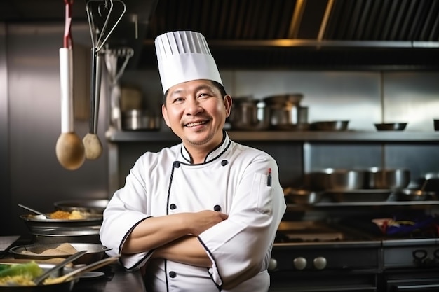 Un chef en una cocina con una cacerola de comida en el mostrador.