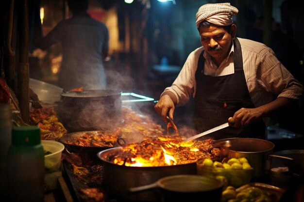 Un chef cocina comida en una parrilla en una calle.