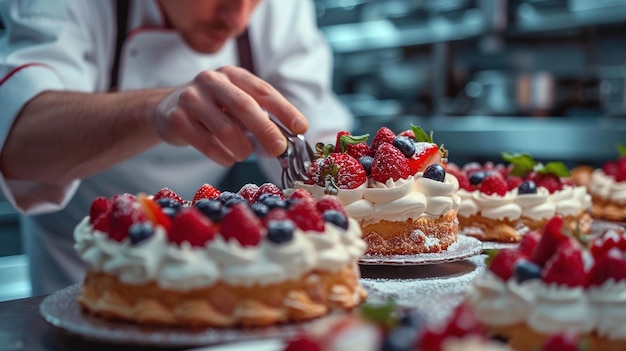 Chef en la cocina creando pasteles de cumpleaños en miniatura IA generativa