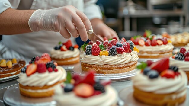 Chef en la cocina creando pasteles de cumpleaños en miniatura IA generativa