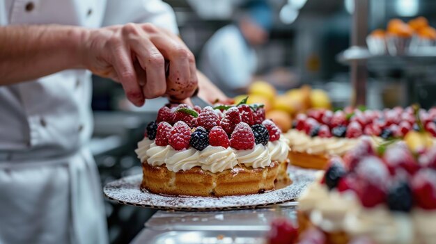 Chef en la cocina creando pasteles de cumpleaños en miniatura IA generativa