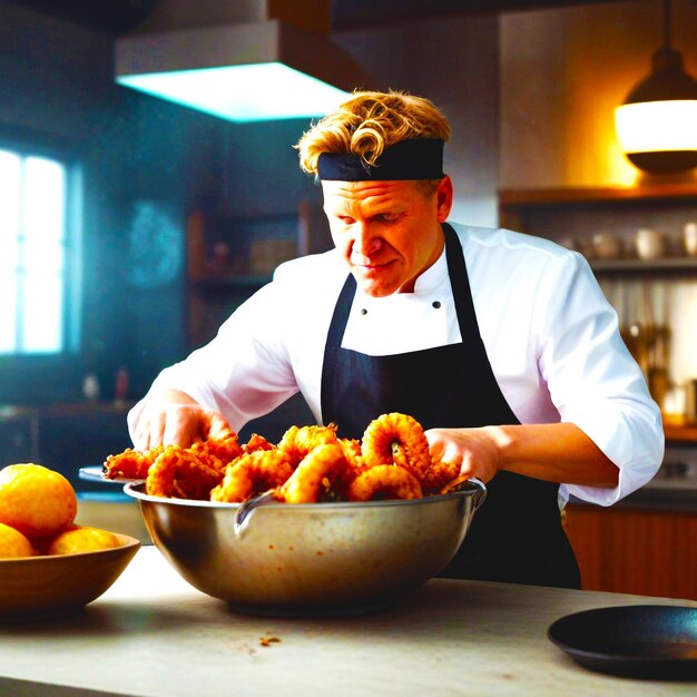 un chef en una cocina con un cuenco de comida