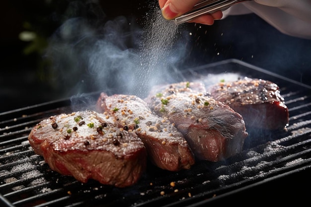 un chef cocina filetes a la parrilla.