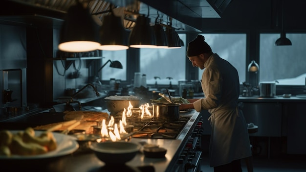 Un chef en una cocina con fuego en la estufa y un hombre con una bata blanca cocinando.