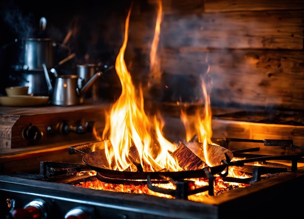 El chef cocina y hace un fuego en una sartén cocinando con fuego comida de la corona llama en la cocina